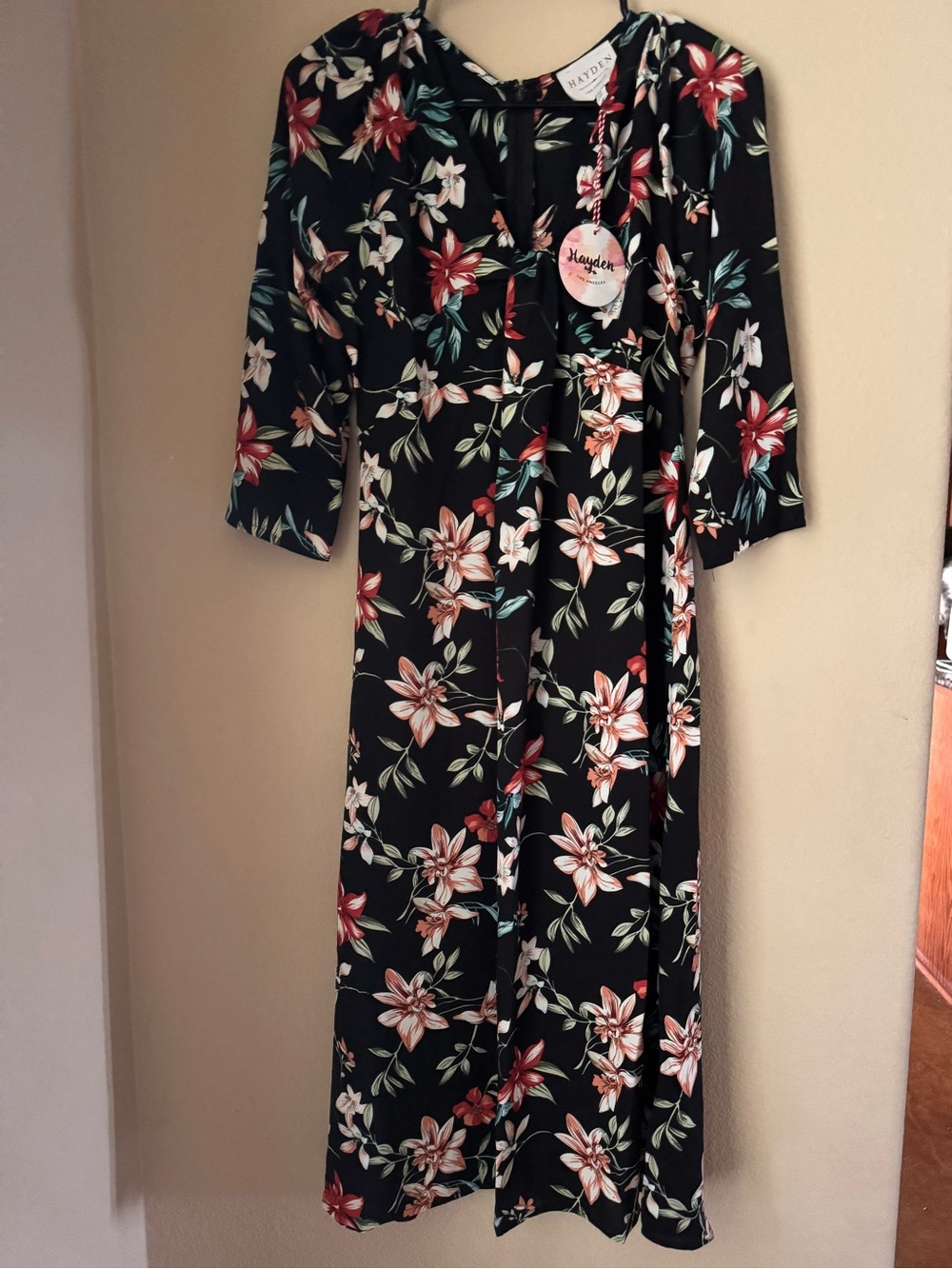 NWT Hayden Black Floral Tie-Front Midi Dress